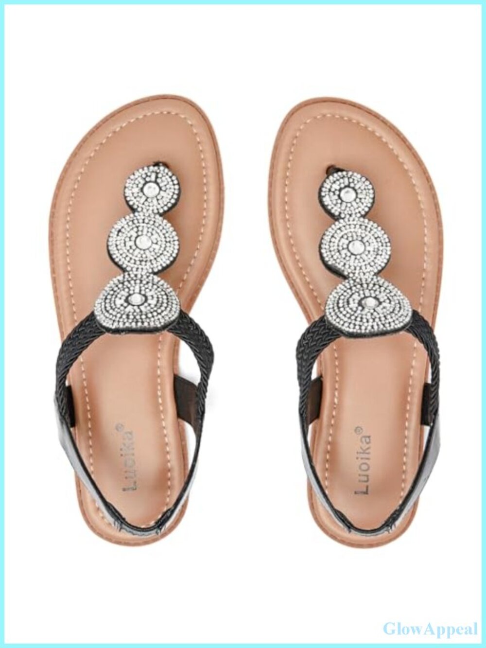 Women's Wide Width Rhinestone Flat T-Strap Sandals Faux Leather Comfort